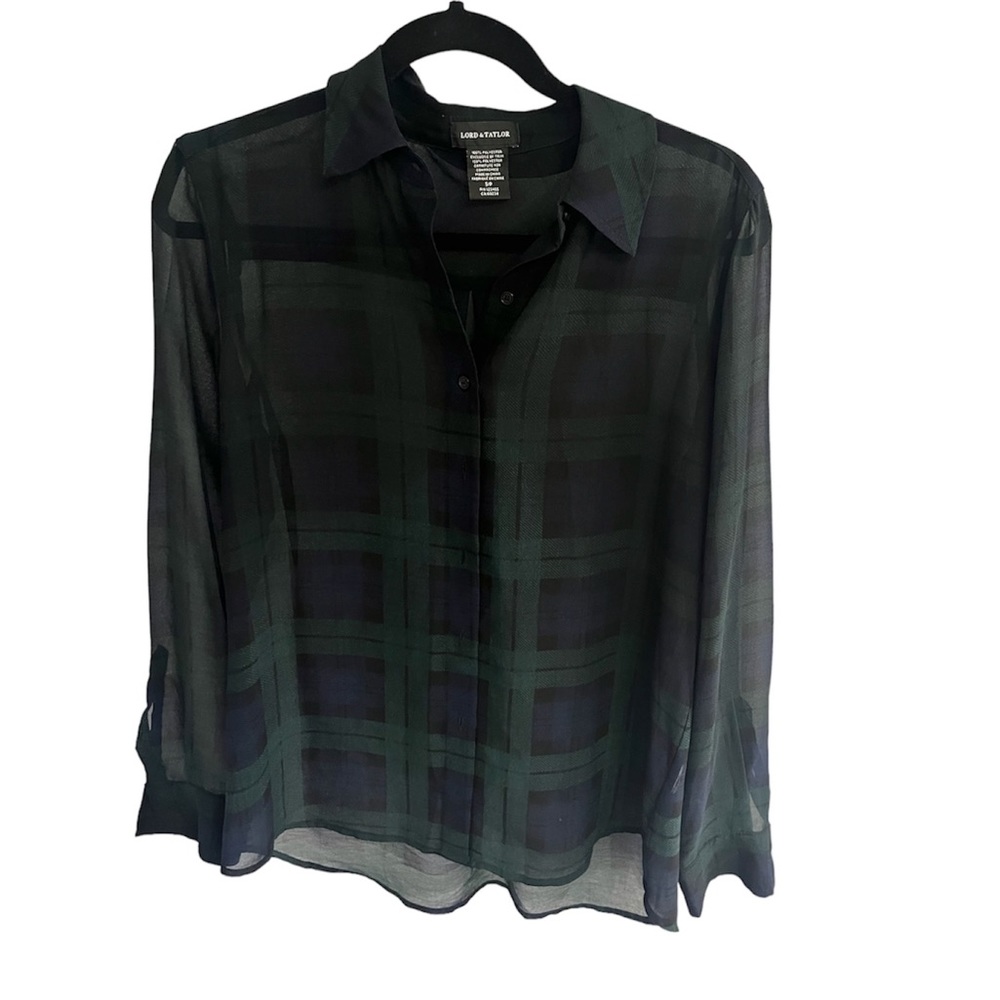 LORD & TAYLOR Sheer Plaid Green & Blue Blouse Top Women Sz Small Office - Picture 2 of 9
